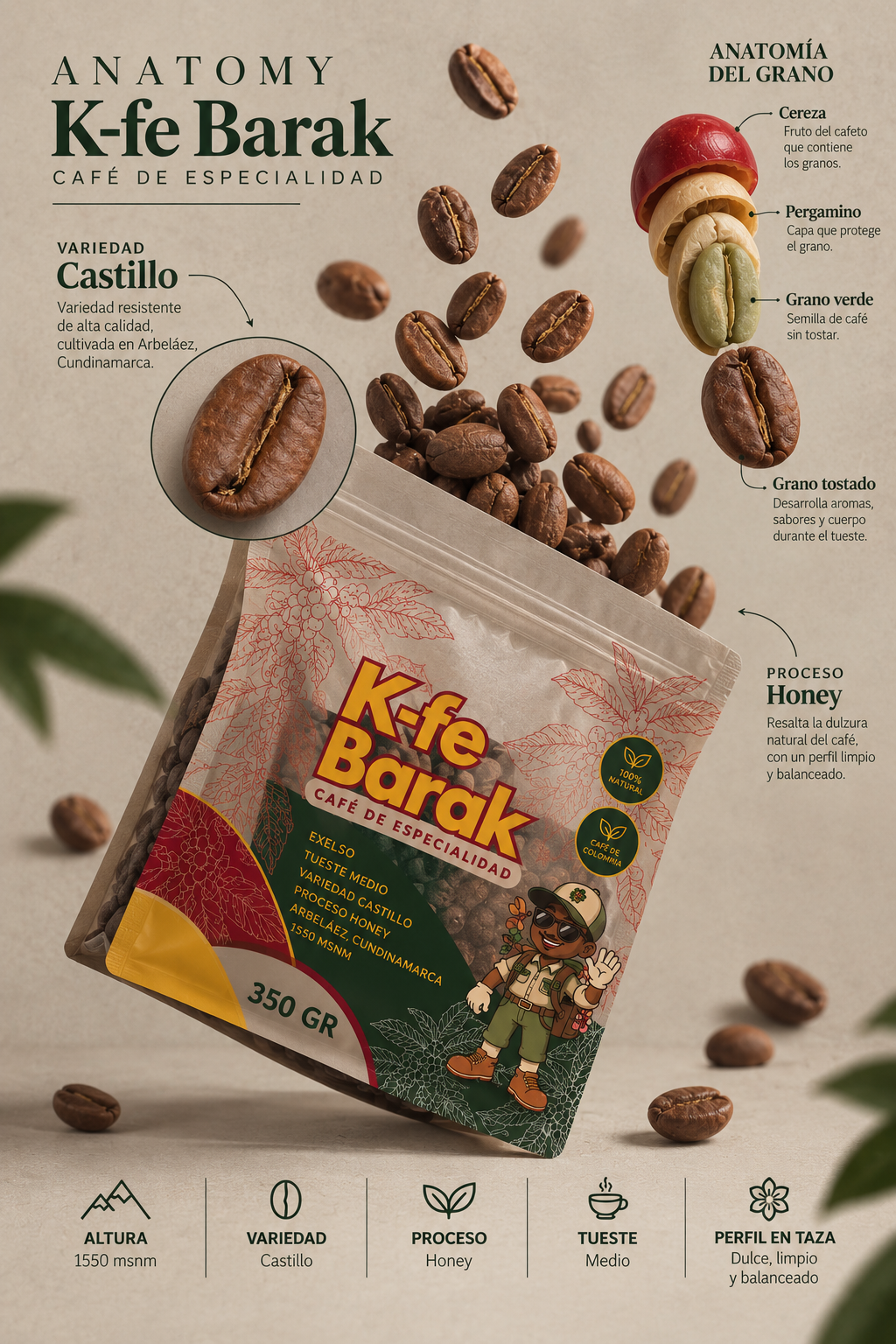 Anatomía del empaque K-fe Barak: variedad Castillo, proceso Honey, anatomía del grano de café y ficha técnica del producto