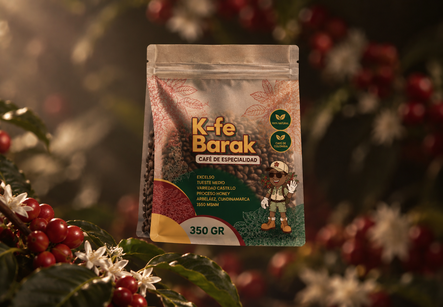 Bolsa de café K-fe Barak entre flores y cerezas de café